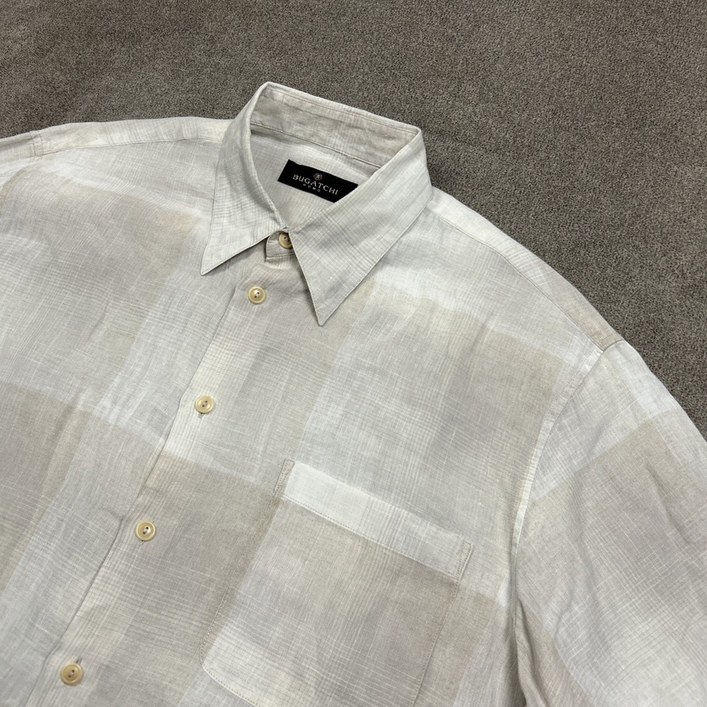 Bugatchi Uomo 100% Linen Shirt Mens M Beige Plaid Short Sleeve Button Up